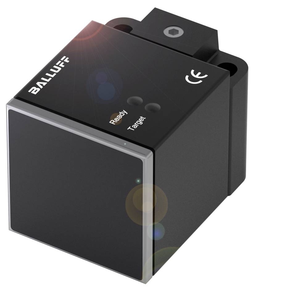 Ein schwarzer, würfelförmiger Sensor mit der Aufschrift 'BALLUFF', LED-Anzeigen 'Ready' und 'Target'. Geeignet für industrielle Anwendungen.