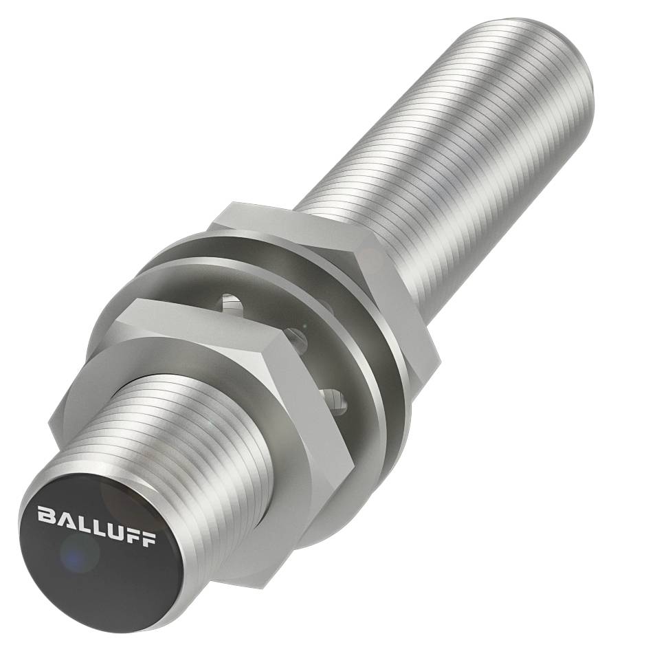 Zylindrischer, metallischer Näherungssensor von Balluff mit Befestigungsmuttern, geeignet für industrielle Anwendungen.