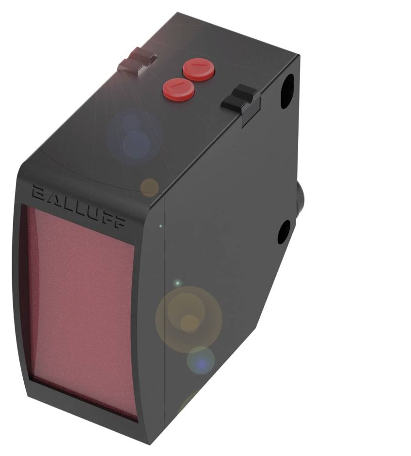 Ein rechteckiger Sensor mit roter Vorderseite und zwei roten Tasten auf der Oberseite, vermutlich ein optischer Sensor von Balluff.
