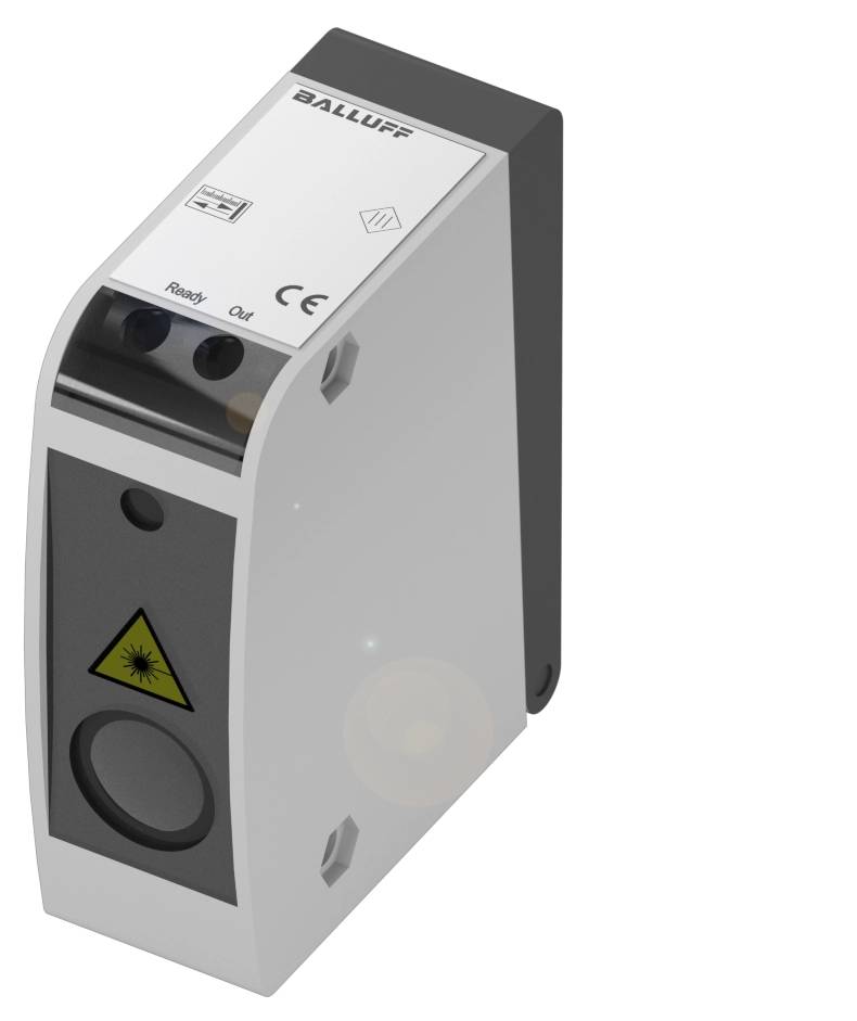 Ein weiß-schwarzer elektronischer Sensor mit CE-Zeichen. Oberseite mit Label 'BALLUFF' und zwei Statusanzeigen 'Ready' und 'Out'.