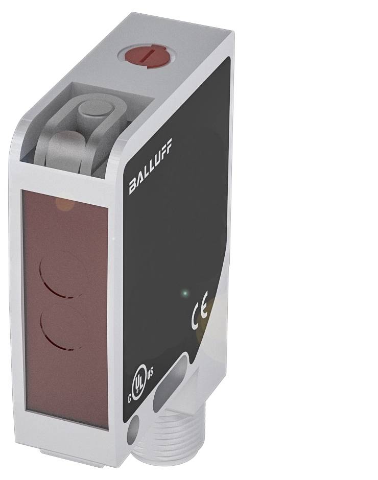 Ein rechteckiger Sensor mit Spiegelreflexlichtschranken; Erkennung von Objekten durch reflektiertes Licht; aufwendiges Design.