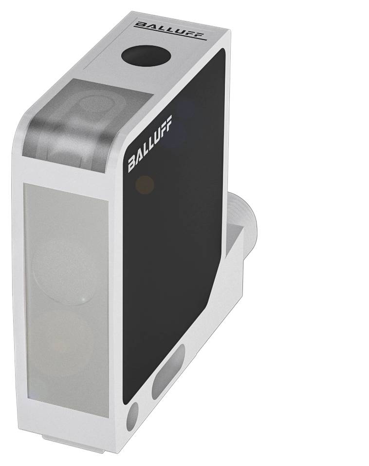 Ein rechteckiger Sensor mit schwarzer Vorderseite und Logo-Branding. Geeignet für industrielle Anwendungen zur Objekterfassung.
