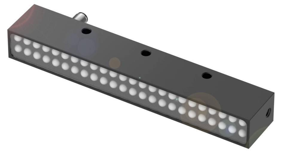 Rechteckige LED-Leiste mit schwarzen Gehäuse, mehrere weiße LED-Lämpchen aufgereiht, verwendet zur Beleuchtung oder als Anzeigegerät.