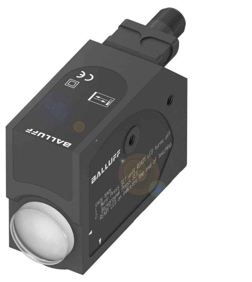 Schwarzer Sensor der Marke Balluff mit rechteckiger Form und rundem Sensorbereich, geeignet für präzise Erkennungsaufgaben.