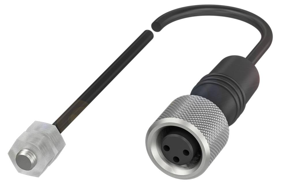 Metallischer Sensorkopf mit schwarzem Kabel und Stecker, der für industrielle Anwendungen verwendet wird.