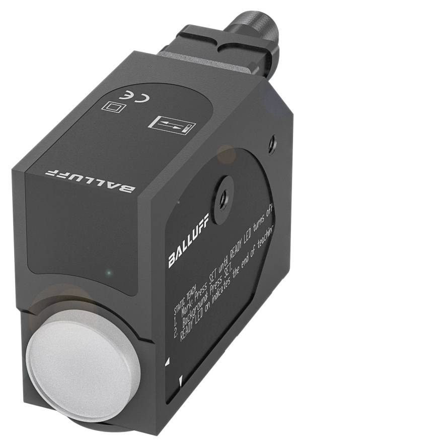 Schwarzer, rechteckiger Sensor von Balluff, mit mehreren Symbolen und Schriftzügen auf der Oberfläche, geeignet für industrielle Anwendungen.