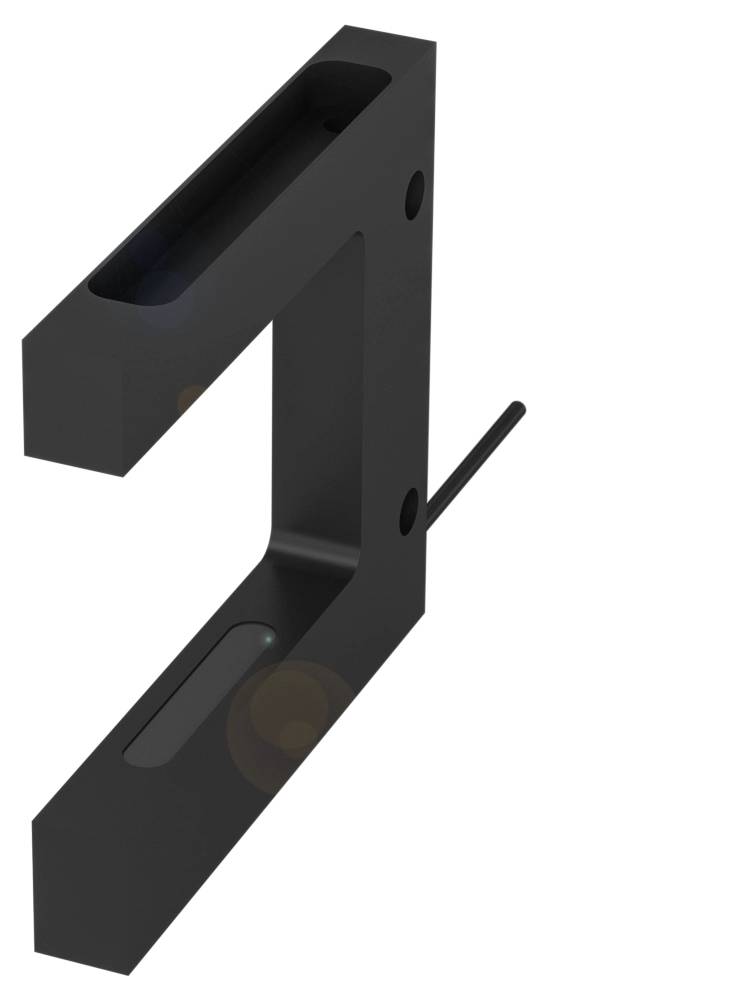 Ein schwarzes, L-förmiges Metallteil mit zwei Schraubenlöchern und einem kleinen, seitlich angebrachten Stift.