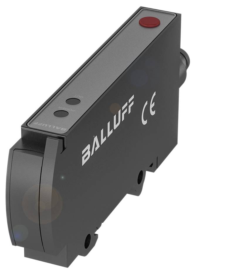 Ein rechteckiger, schwarzer Sensor von Balluff mit CE-Kennzeichnung und einem roten Knopf, geeignet für industrielle Anwendungen.