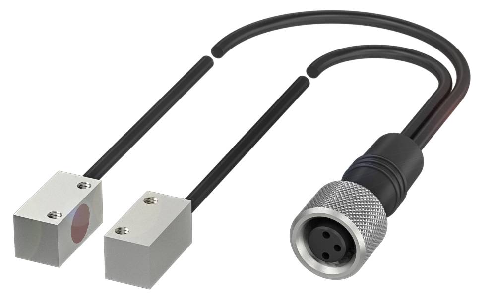 Zwei rechteckige Metallsensoren mit Kabeln, die an einem runden Stecker enden. Sie werden vermutlich für industrielle Anwendungen verwendet.
