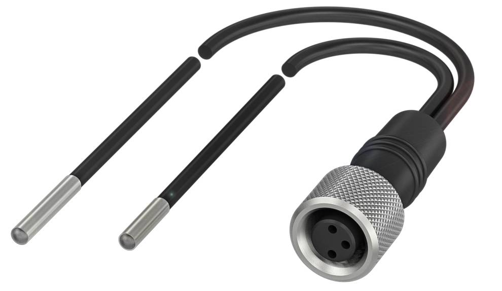 Temperatursensor mit zwei Sonden und rundem, metallisch silbern-gefärbtem Steckverbinder. Geeignet für industrielle Anwendungen.