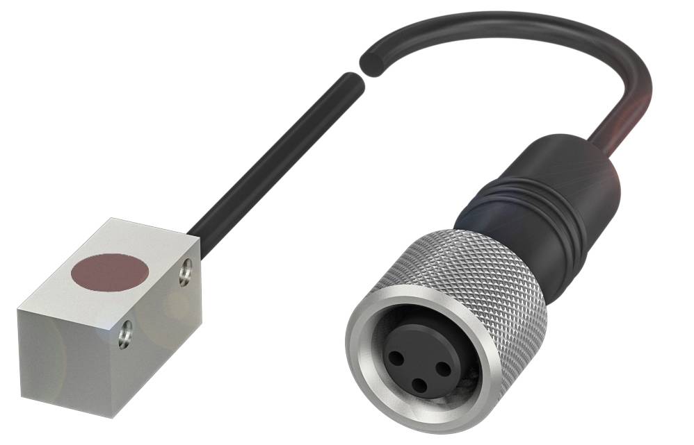 Ein silberfarbener, quadratischer Magnet mit schwarzem Kabel, verbunden mit einem runden, gerillten Anschluss.