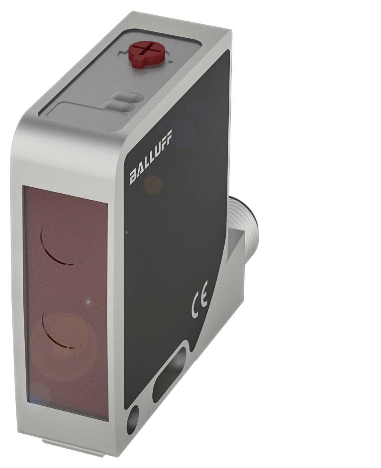 Ein rechteckiger Sensor mit schwarzer Vorderseite, rotem Sichtfenster und silbernem Gehäuse; ein Drehknopf oben, markiert mit 'BALLUFF'.