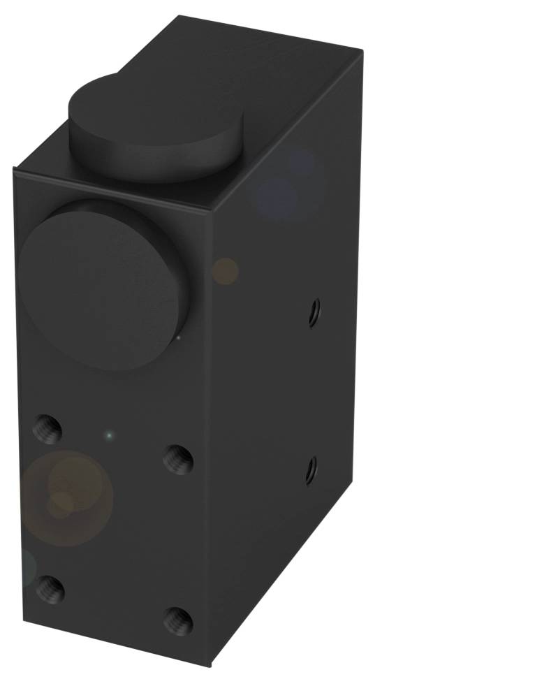 Schwarzes, rechteckiges Gerät mit runden Knöpfen und mehreren Löchern an den Seiten, möglicherweise ein technisches Bauteil.
