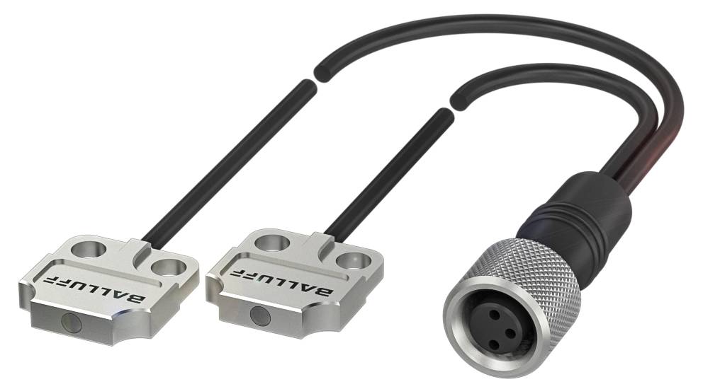 Zwei magnetische Sensoren von 'Balluff' mit Verbindungskabel, geeignet für industrielle Anwendungen zur berührungslosen Positionserkennung.