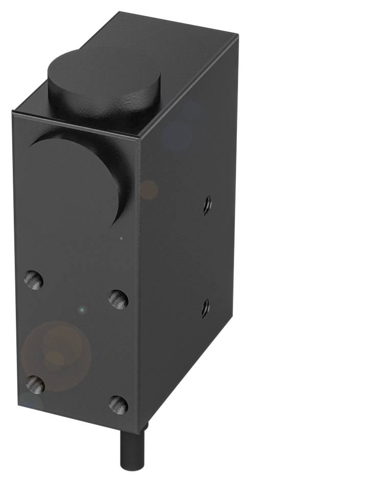 Rechteckiger Metallkasten mit zylindrischem Knopf oben und einem Kabel unten, vermutlich technisches Gerät oder Schalter.