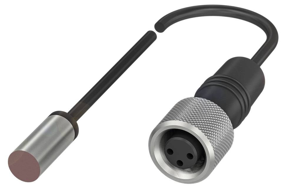 Ein Magnet- oder Sensor-Modul mit einem Metallzylinder und einem dreipoligen Stecker, das für industrielle Anwendungen geeignet ist.