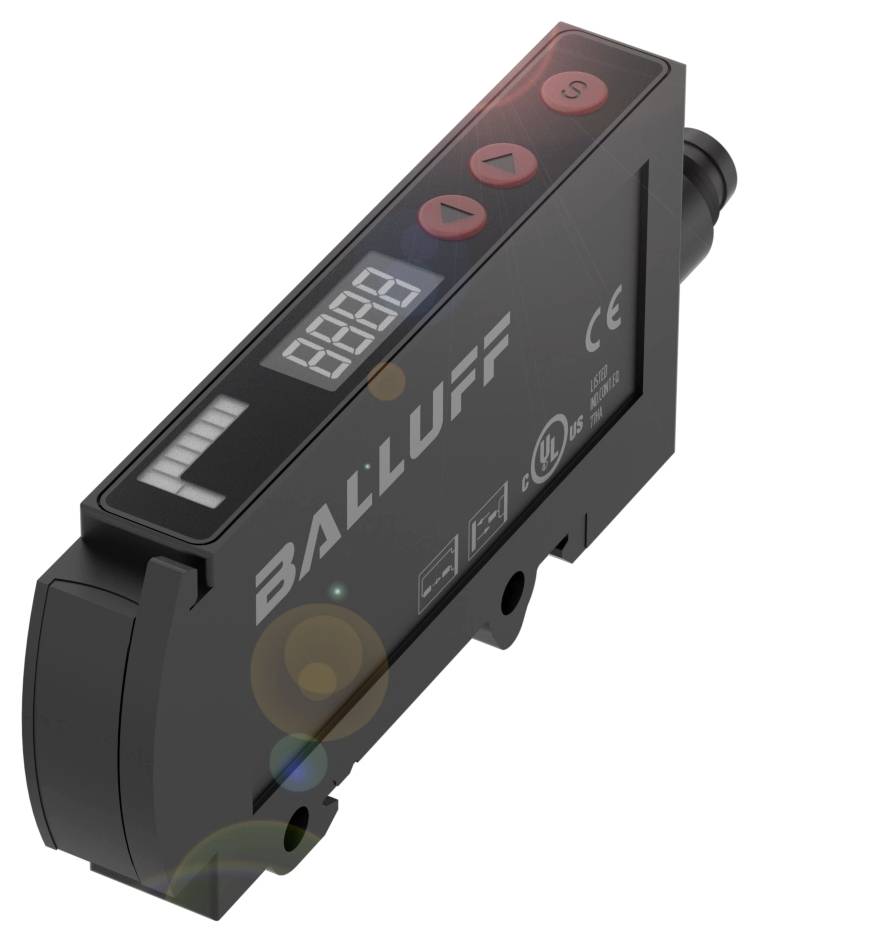 Ein schwarzer optischer Sensor von Balluff mit digitalem Display und Tasten. Markierungen zeigen CE- und UL-Zertifizierungen.