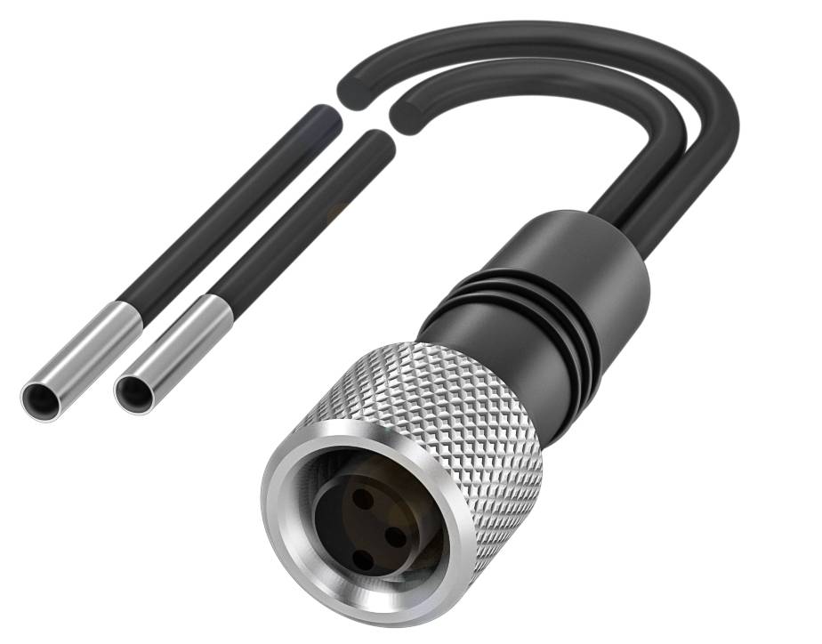 Hochwertiger, schwarzer elektronischer Stecker mit zwei langen Kabeln. Verwendet für industrielle Anwendungen.