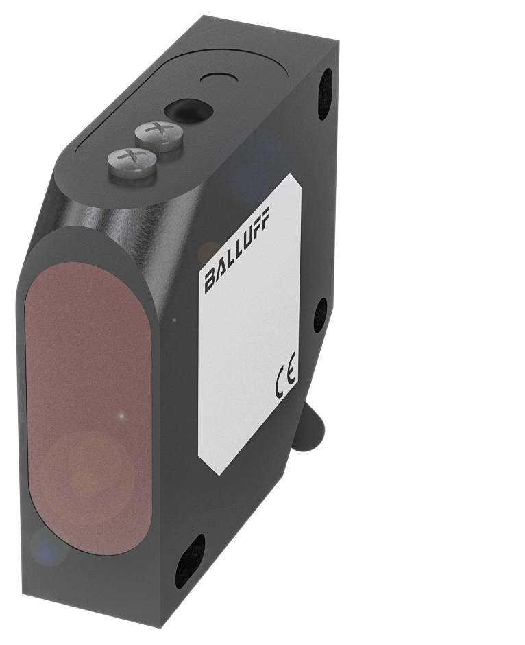 Ein Sensor der Marke Balluff in schwarz mit rot abgesetztem Bereich und zwei kleinen Tasten oben. Der Sensor hat ein rechteckiges Design.