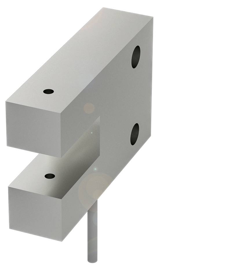 3D-Darstellung eines grauen Metallwinkels mit Bohrungen, rechteckiger Form und einem herausragenden Stab an der Unterseite.