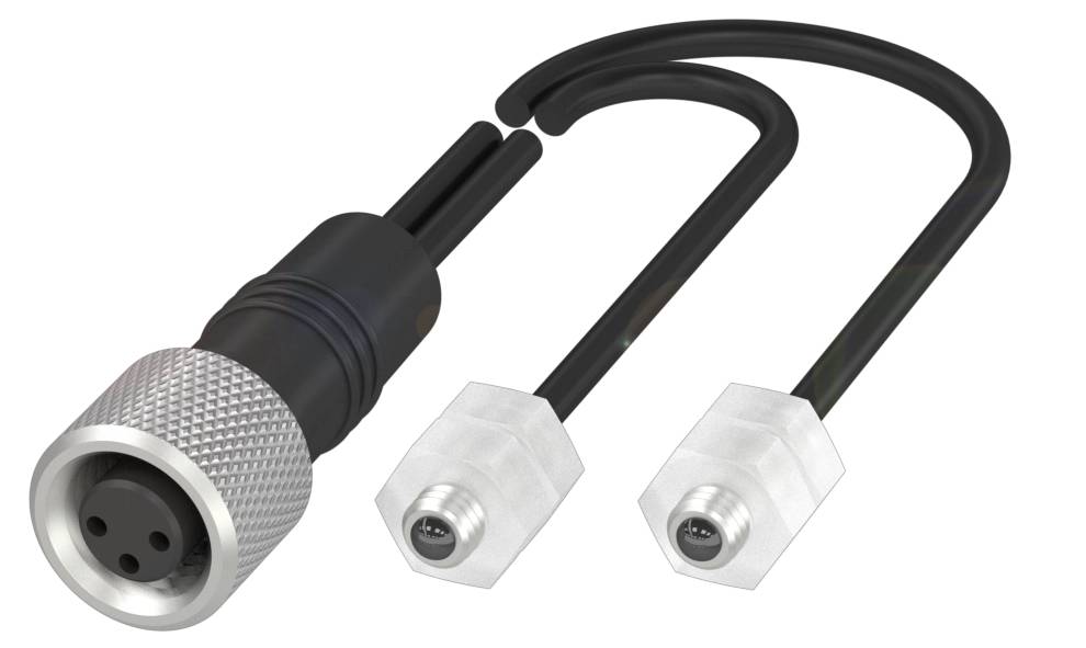 Y-Kabel mit rundem Stecker und zwei rechteckigen Buchsen, verwendet zur Verbindung von Audiogeräten oder elektronischen Komponenten.
