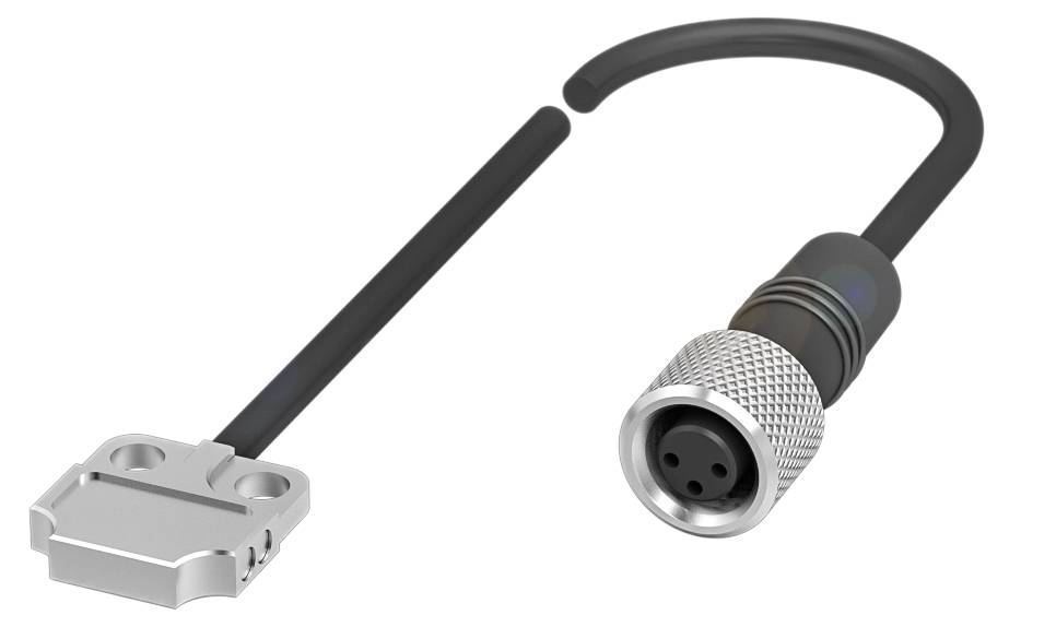 Hochwertiges Kabel mit rechteckigem Stecker und rundem Metallstecker, geeignet für industrielle Anwendungen.