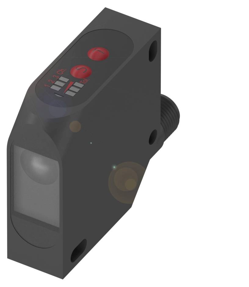 Ein schwarzer, rechteckiger Sensor mit rotem Display und Anschlüssen auf einer Seite, möglicherweise für industrielle Anwendungen.