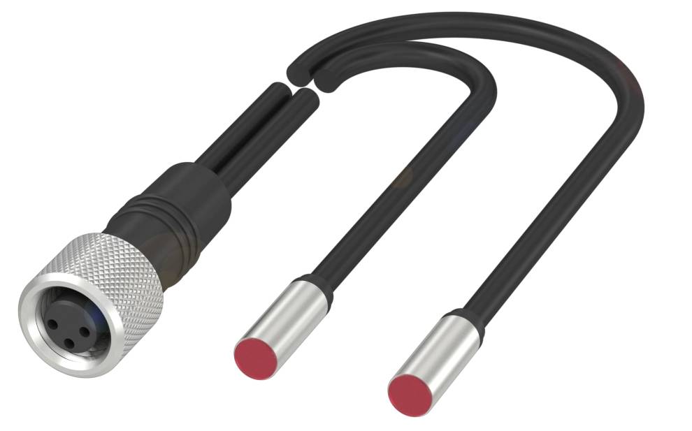 Ein schwarzes Kabel mit einem runden Stecker auf der linken Seite und zwei Sensoren mit roten Enden auf der rechten Seite.