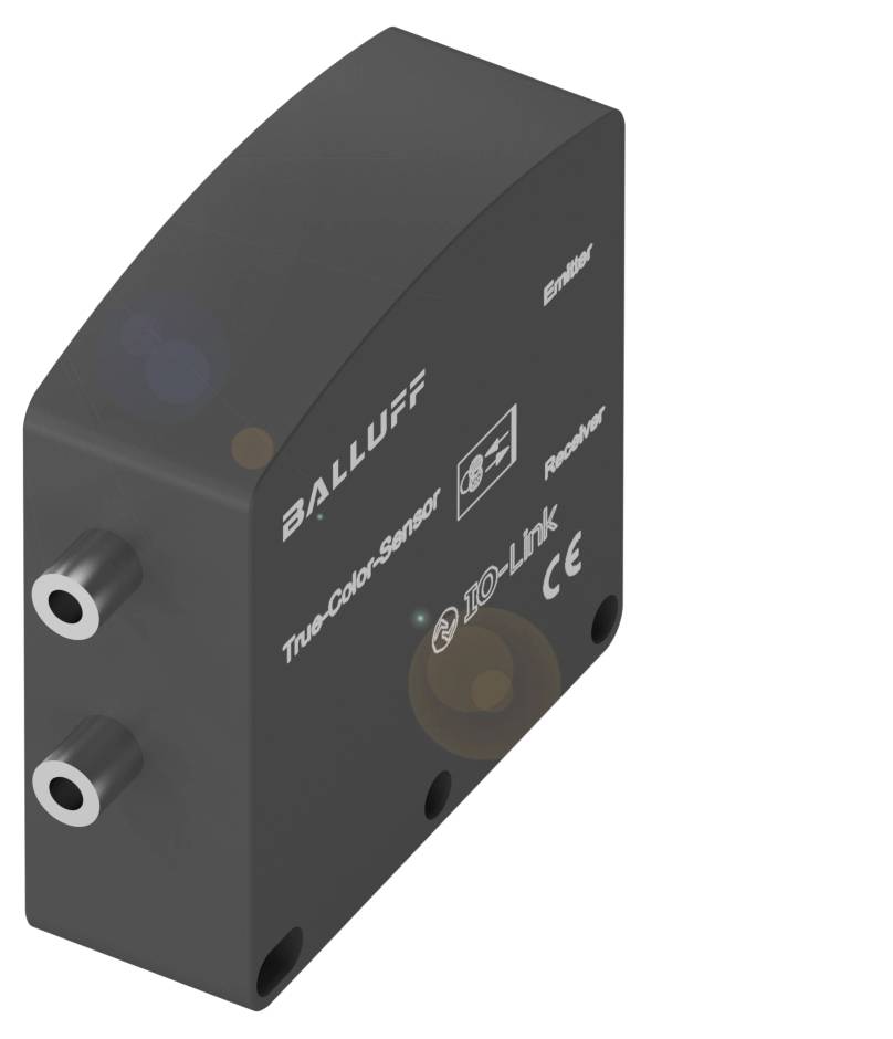 Ein schwarzer True-Color-Sensor von Balluff mit IO-Link-Unterstützung. Er hat zwei runde Öffnungen und ist als robustes Gerät gestaltet.