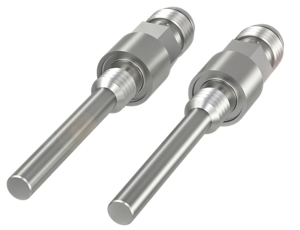 Zwei metallische Stiftkörper mit Gewinde und konischer Spitze auf weißem Hintergrund. Sie scheinen identisch und sind nebeneinander platziert.
