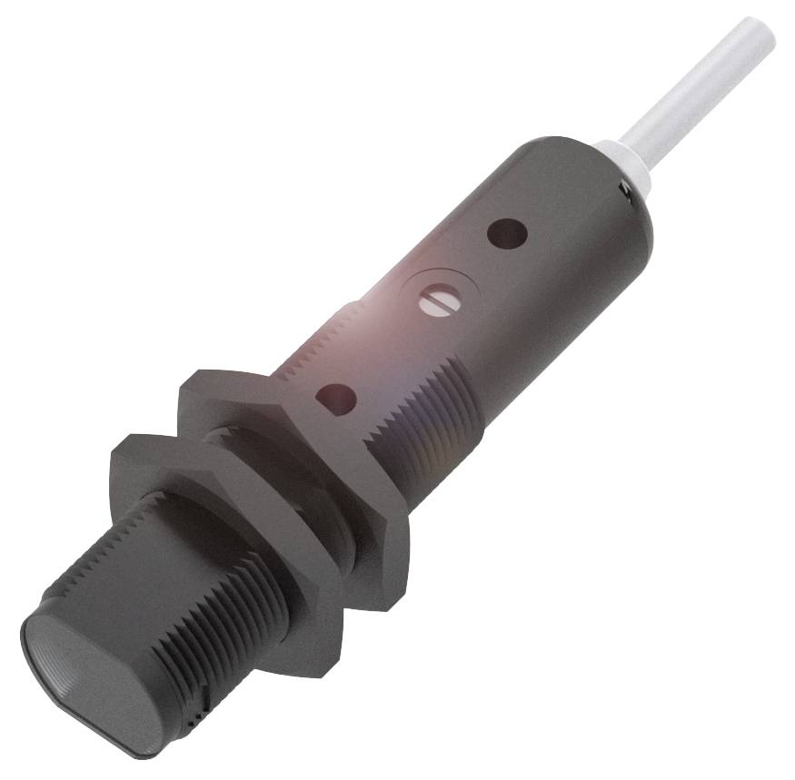 Ein schwarzer, zylindrischer Sensor mit Kabelanschluss. Er hat zwei Befestigungsmuttern und ist für den industriellen Einsatz geeignet.