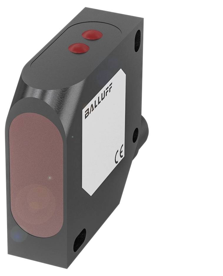 Ein rechteckiger, schwarzer Sensor mit der Aufschrift 'BALLUFF' auf einer weißen Fläche. Zwei rote Knöpfe sind oben sichtbar.