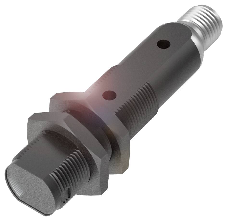 Ein zylinderförmiger Sensor mit Gewinde und einem Befestigungsmutter, verwendet in Industrieanwendungen zur Abstandsmessung.