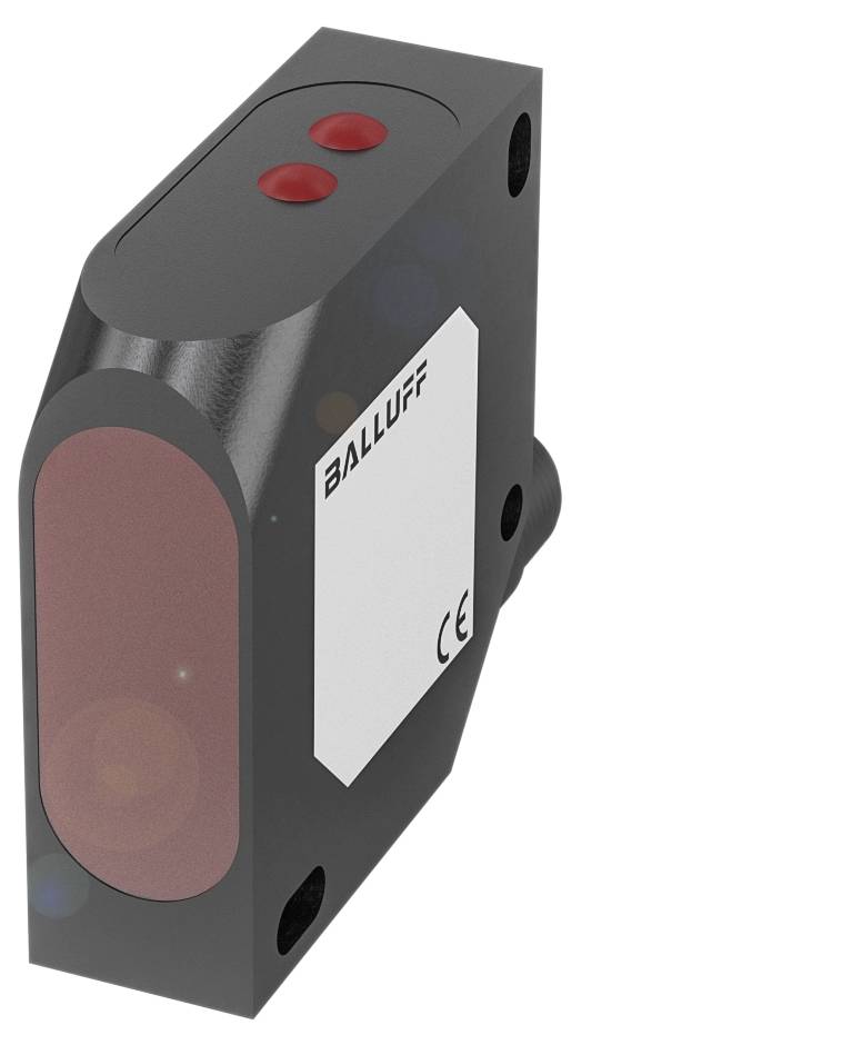 Ein rechteckiger schwarzer Sensor von Balluff mit roter Sensorfläche und zwei roten Knöpfen. Seitenetikett mit 'CE'-Markierung.