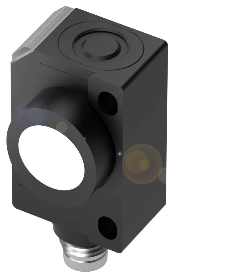 Ein rechteckiger, schwarzer Sensor mit rundem Element und Stecker am unteren Ende. Er besitzt zwei Montagelöcher.