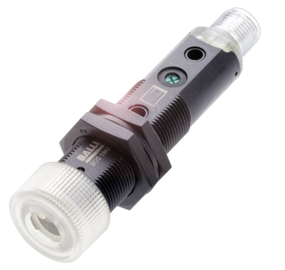 Induktiver Sensor von Balluff mit zylindrischem Gehäuse und LED-Anzeige, geeignet für industrielle Anwendungen.