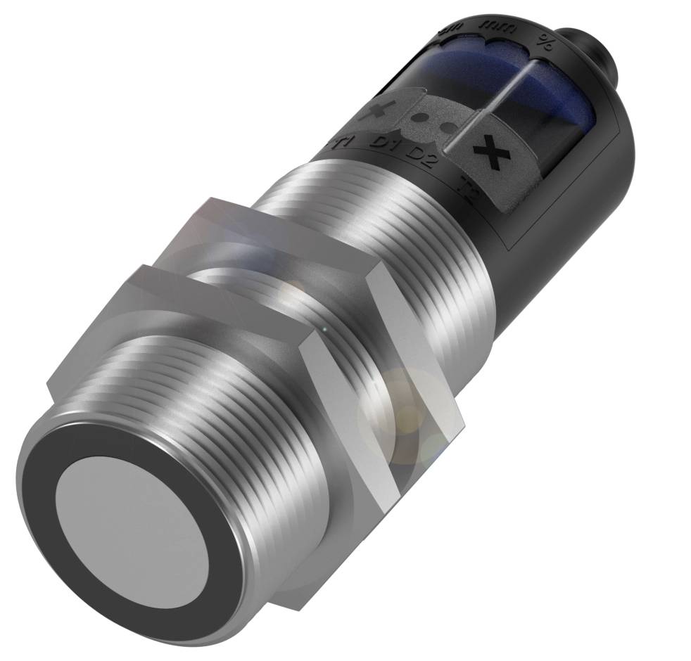 Zylindrischer metallischer Sensor mit Schraubgewinde und zwei Ringen, zeigt Einschalttasten und Einschalthebel auf einer blauen Anzeige.