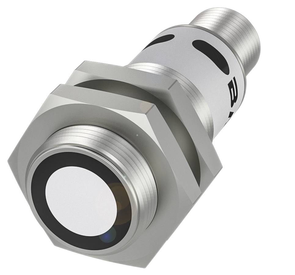 Ein zylindrischer Sensor mit einem metallischen Gewindegehäuse und einer flachen, runden Front, geeignet für industrielle Anwendungen.