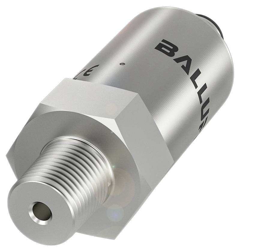 Ein zylindrischer Edelstahl-Drucksensor mit einem Anschlussgewinde und der Aufschrift 'BALLUFF'.