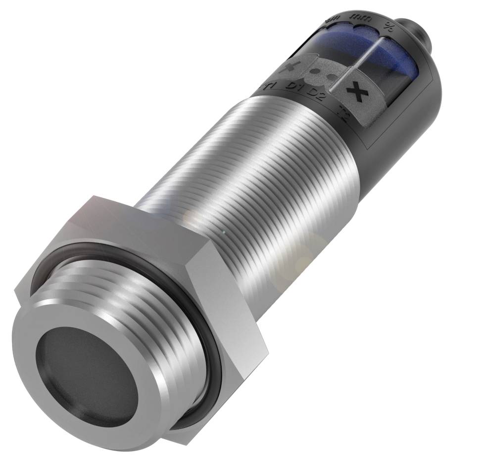 Zylindrischer Induktionssensor aus Metall mit runder Vorderseite und schwarzem Kunststoffende, geeignet für industrielle Anwendungen.