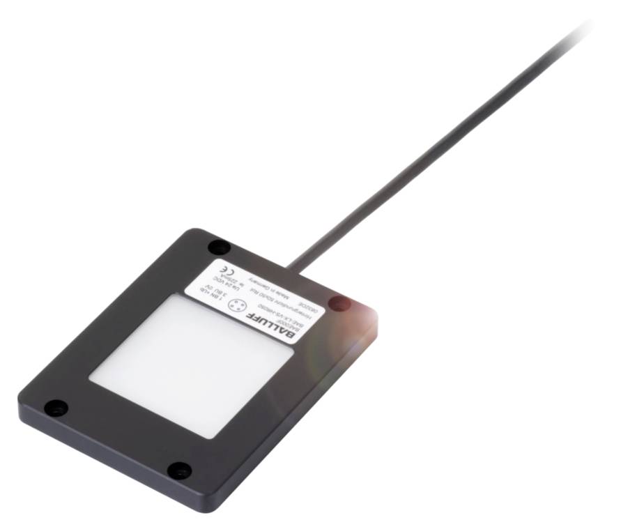 Ein quadratischer Lichtsensor mit schwarzem Rahmen und Kabel von oben. Das Etikett zeigt Markenname und technische Spezifikationen.