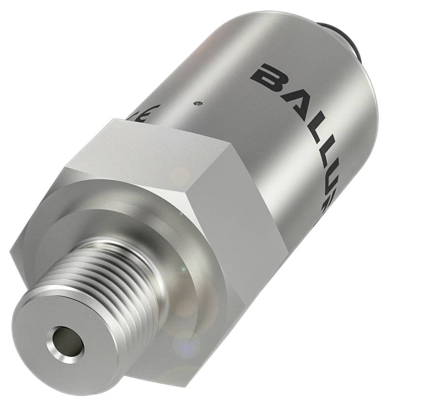 Metallsensor mit Schraubanschluss und eingraviertem Markennamen an der Seite. Geeignet für industrielle Anwendungen.
