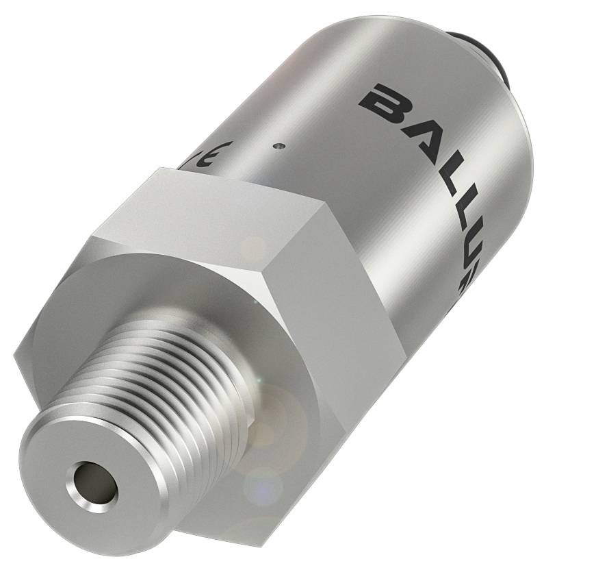 Drucksensor in einem Metallgehäuse mit einem Gewindeanschluss. Aufschrift 'BALLUFF'. Wird in industriellen Anwendungen eingesetzt.