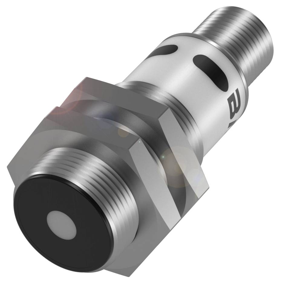 Silberner Metallzylinder mit Gewinde und schwarzen Markierungen, vermutlich ein technisches Bauteil oder Sensor.