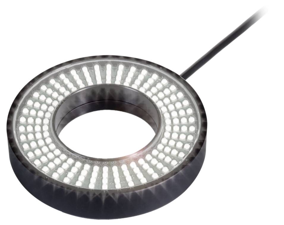 Ein ringförmiges LED-Licht mit vielen kleinen, gleichmäßig angeordneten LEDs. Ein Kabel ist angeschlossen.