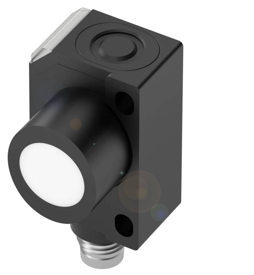 Ultraschallsensor in Schwarz mit runder, weißer Front. Kompakt und rechteckig geformt, geeignet für Abstandsmessungen in Industrieumgebungen.