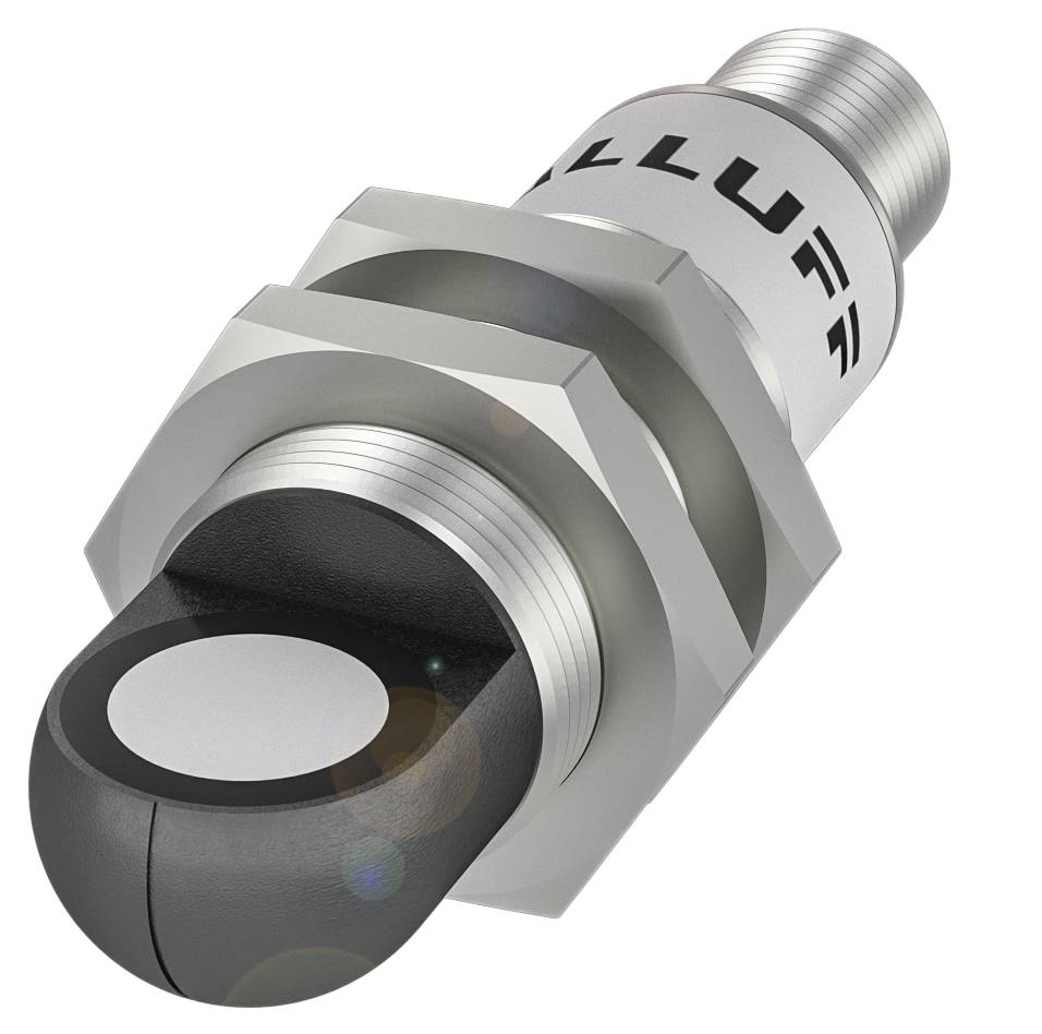 Ein zylindrischer, metallischer Sensor mit schwarzer Spitze, weißen Markierungen und Gewinde zur Befestigung.