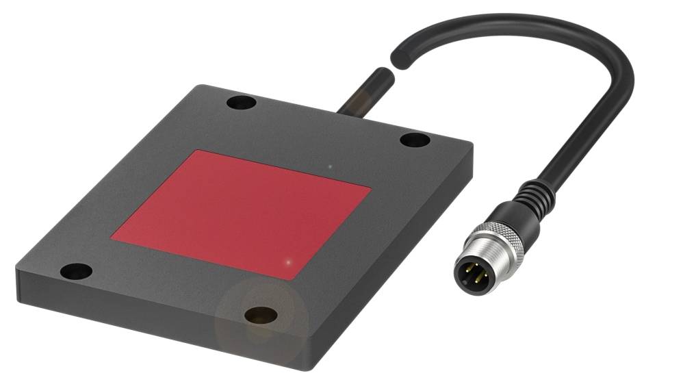 Ein rechteckiger, flacher Sensor mit roter Fläche und angeschlossenem Kabel. Erkannt als Präzisionsmessgerät.