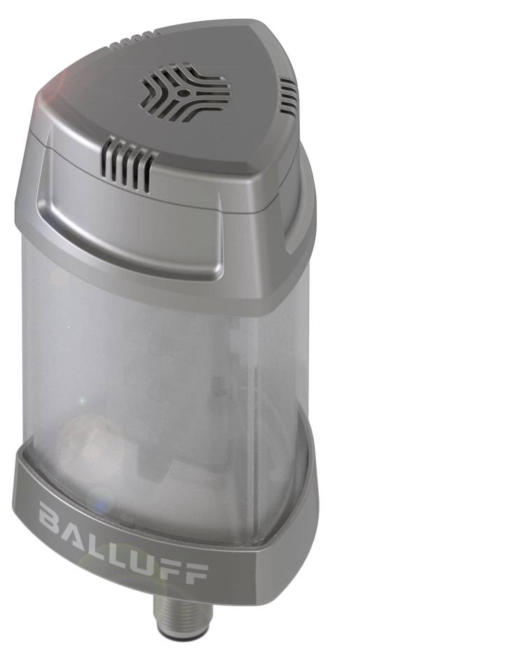 Ein dreieckiges, silbernes Gerät mit dem Schriftzug 'Balluff'. Es sieht aus wie ein Sensor oder ein technisches Gerät.