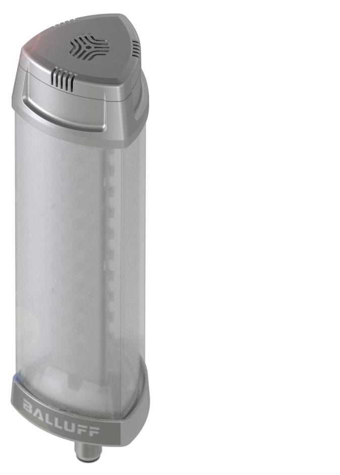 Ein zylindrischer Sensor von Balluff mit silbernem Gehäuse und durchsichtiger Abdeckung, erfasst Umgebungsbedingungen.